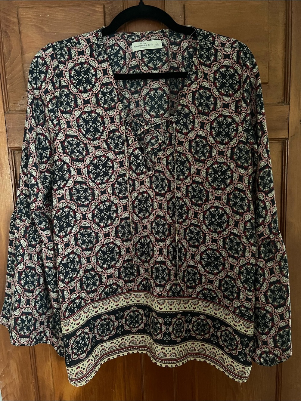 Abercrombie and Fitch  - large navy border print Tunic - lace up front detailing